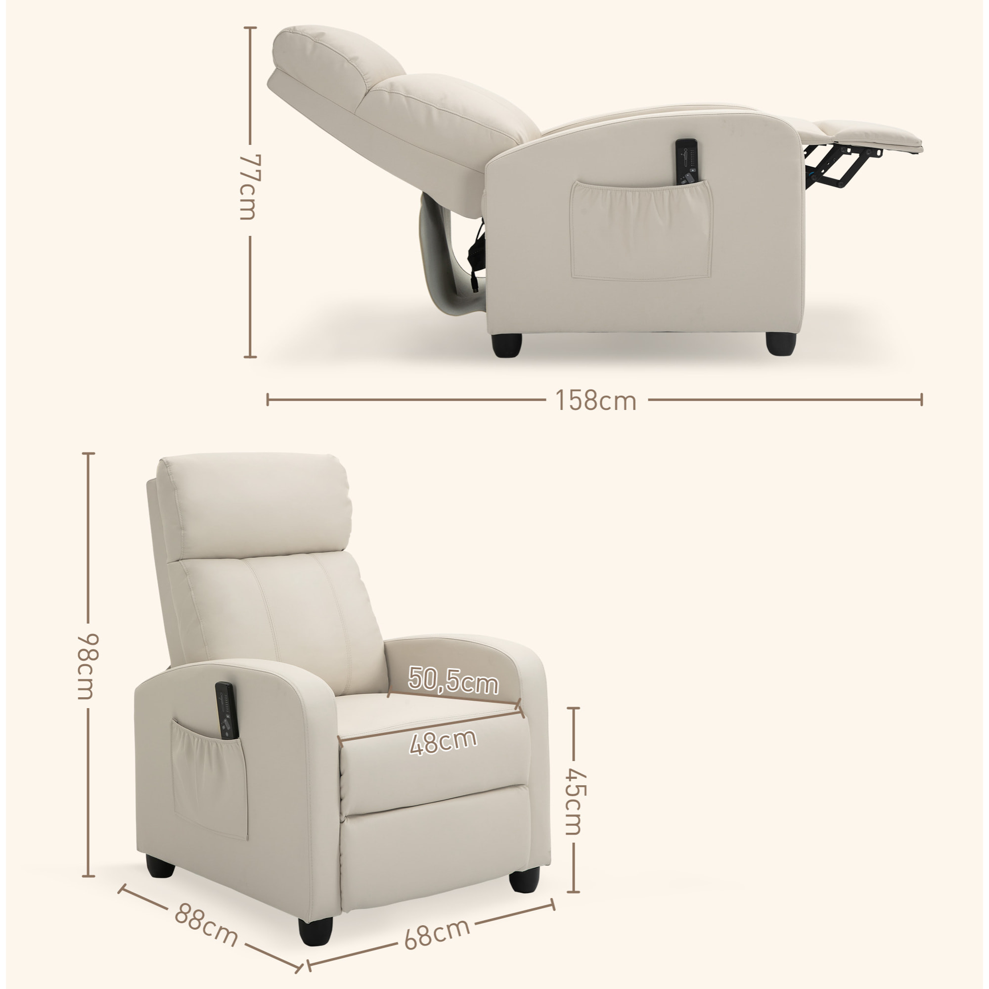 Sillón de Masaje Sillón Relax Reclinable con Mando a Distancia 2 Zonas de Masaje 8 Programas 5 Niveles de Intensidad 1 Bolsillo Lateral y Temporizador Tapizado en PU 68x88x98 cm Crema