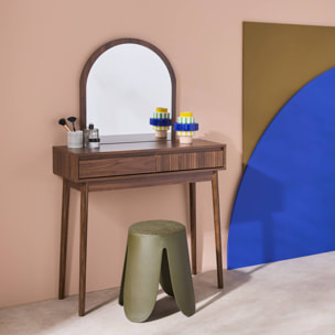 Coiffeuse décor bois LINEAR miroir arrondi 2 tiroirs 90 cm. façade striée. Noyer