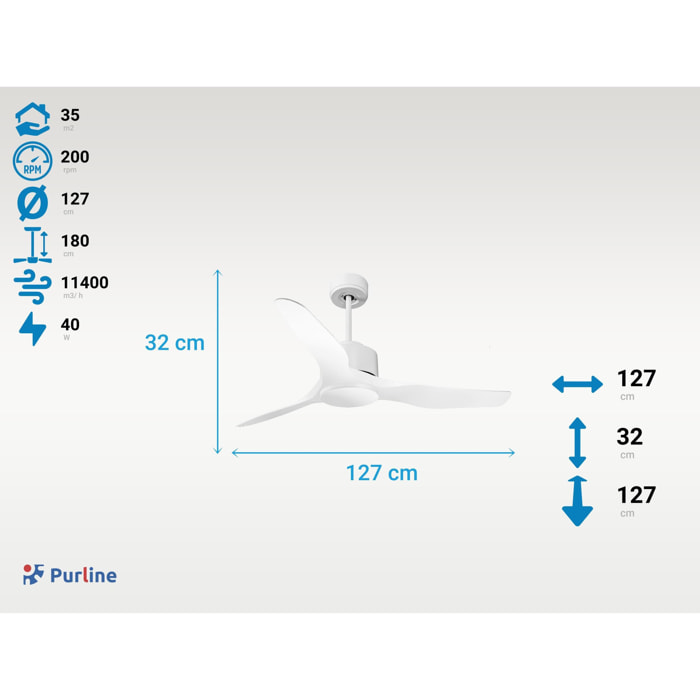 Ventilateur de Plafond ø127 cm avec Wifi Réversible Hypersilence pour 35 m² 40 W Blanc