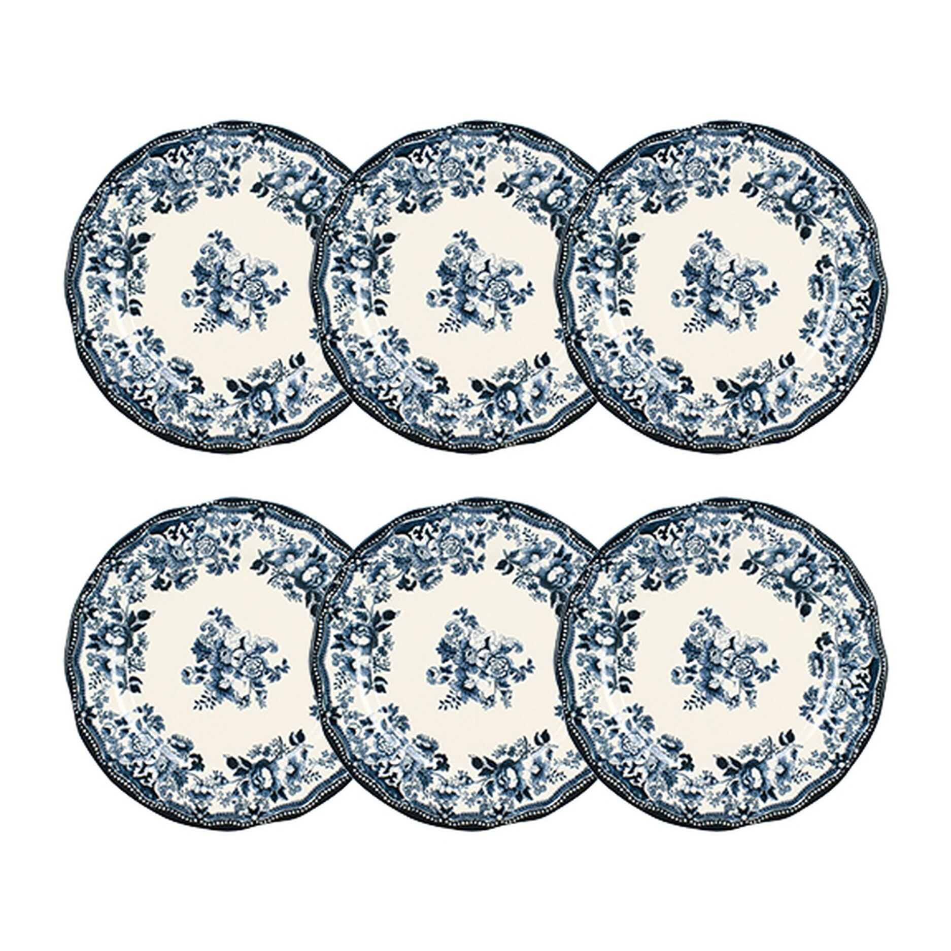 Lot de 6 assiettes plates fleuries en porcelaine bleu 26cm FAUSTINE