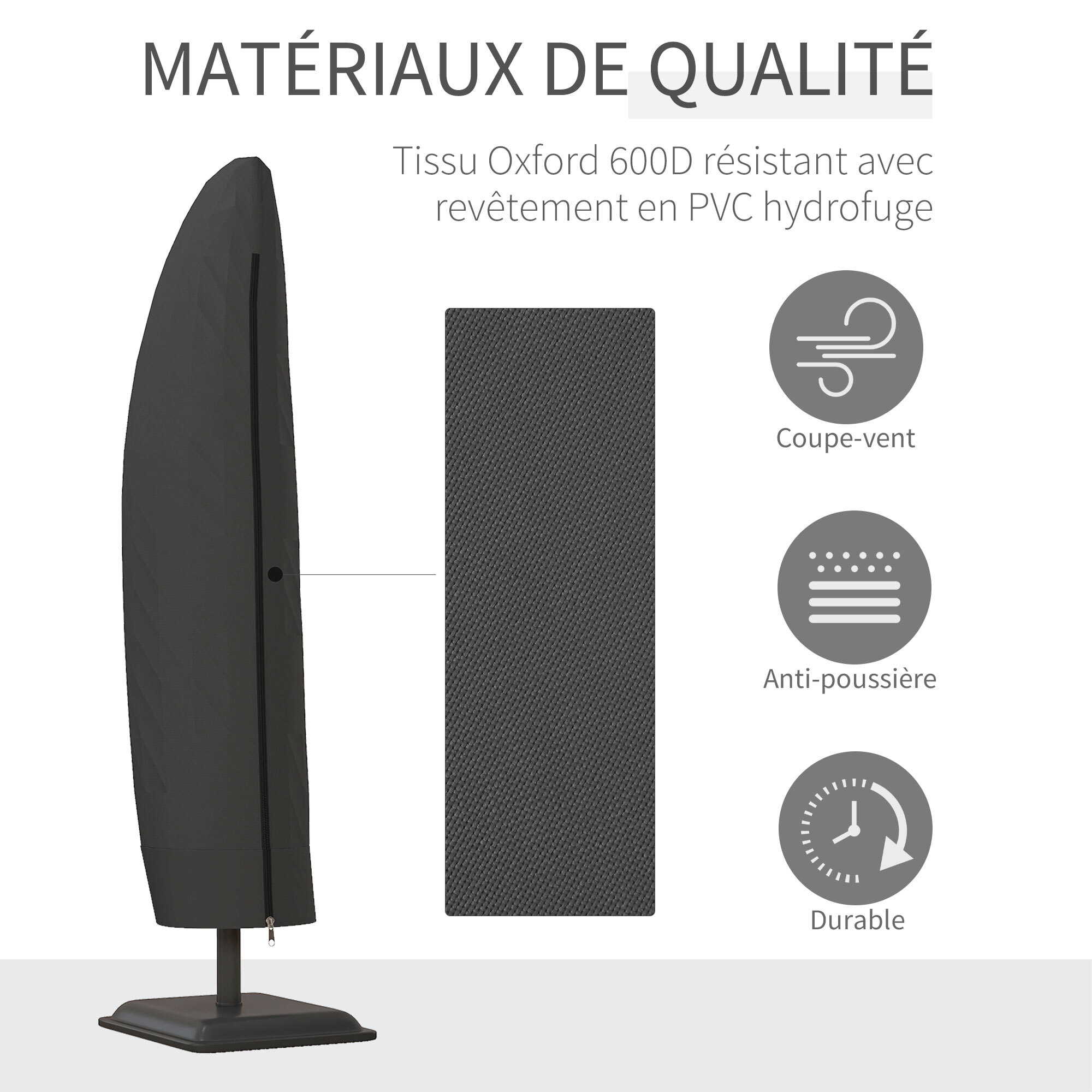 Housse de protection imperméable pour parasol droit avec fermeture éclair et cordon de serrage polyester PVC haute densité noir