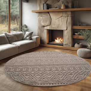 HELIX - Tapis moderne rond effet laine bouclé à motif berbère en relief beige