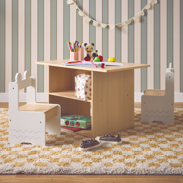Table enfant + 2 chaises. avec étagères. blanc