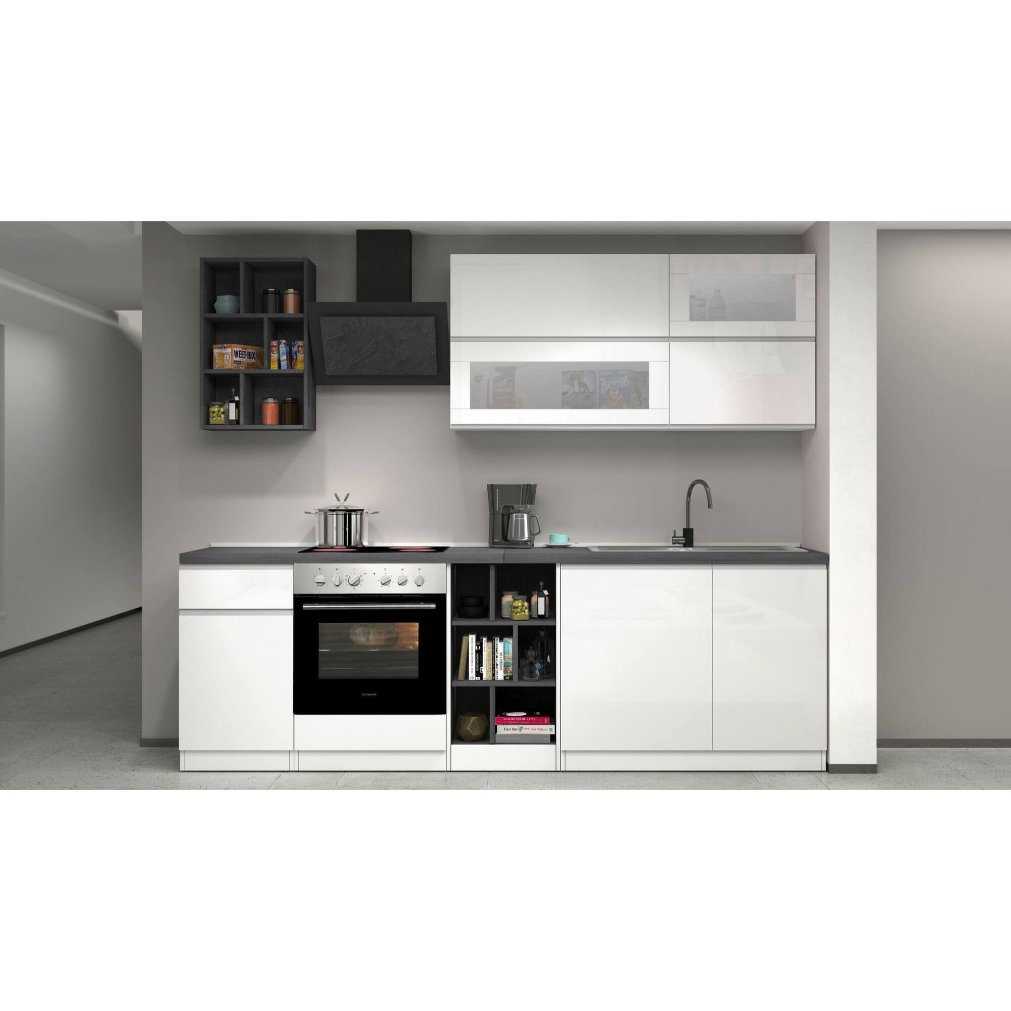 Cucina completa Dcastill, Cucina pratica e salvaspazio, Parete da cucina con 5 ante e 1 cassetto, 100% Made in Italy, 255x60h85 cm, Bianco lucido e Ardesia