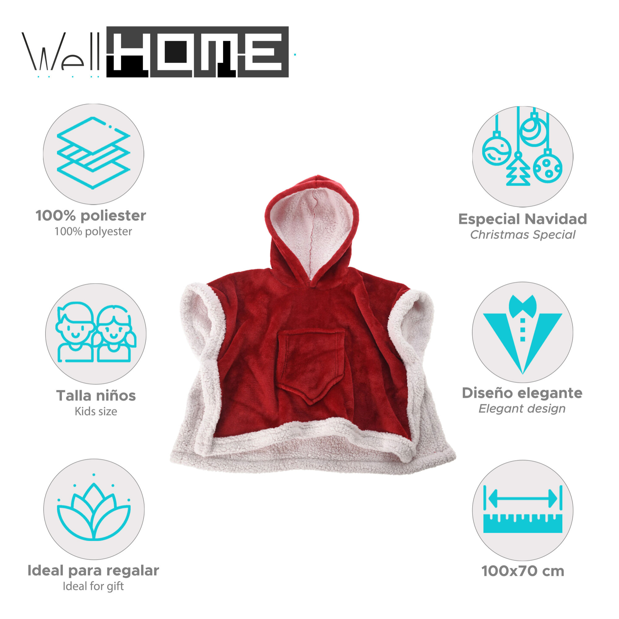 Poncho de navidad para niños rojo con ribete blanco