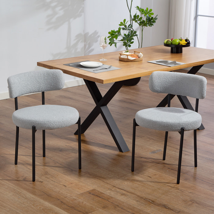 Lot de 2 chaises de salon style néo-rétro - assise ronde, dossier enveloppant - acier noir effet laine bouclée gris
