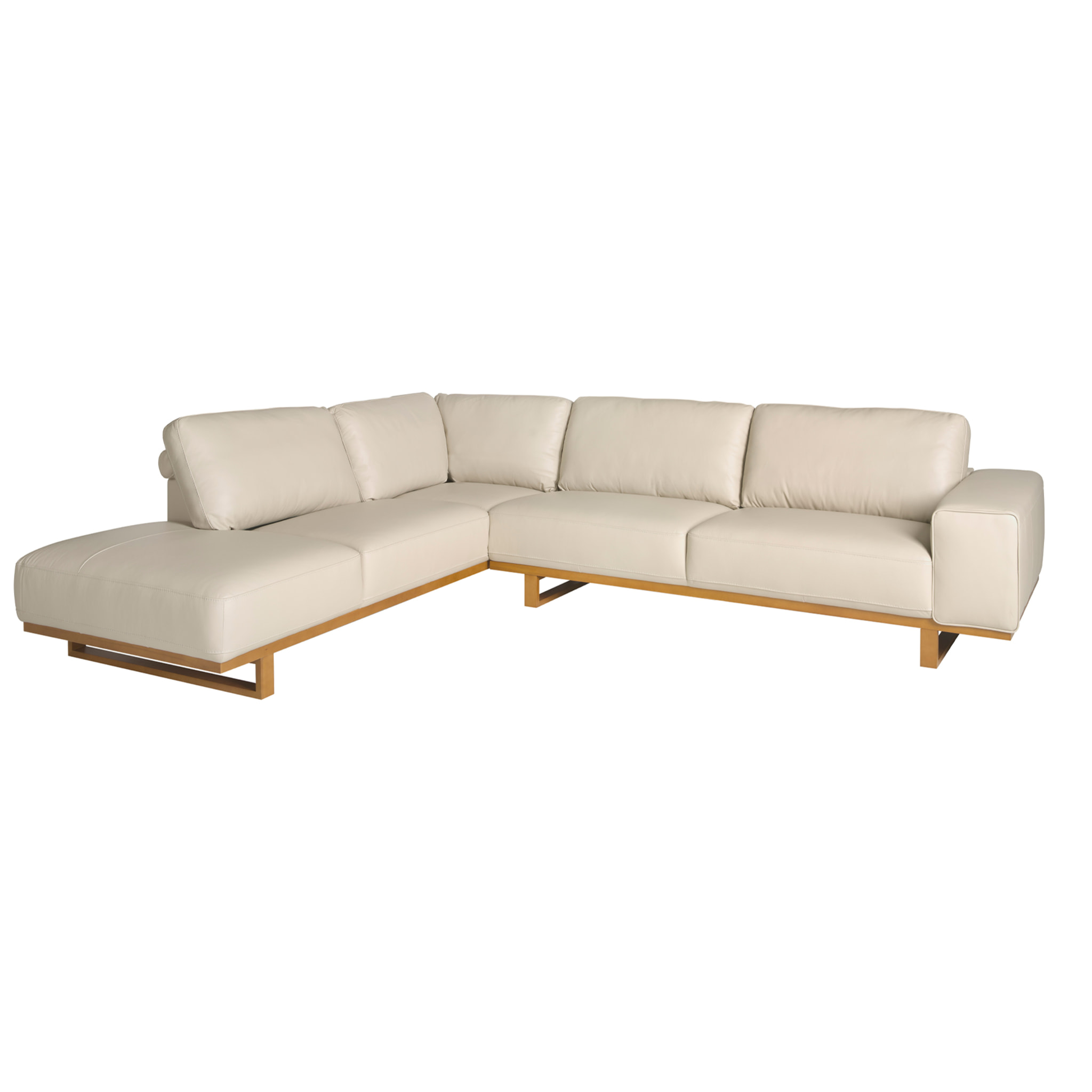 Sofá rinconera Angel Cerdá izquierda de 5 plazas tapizado en piel de origen vacuno en arena patas de madera en miel 316x252x82cm