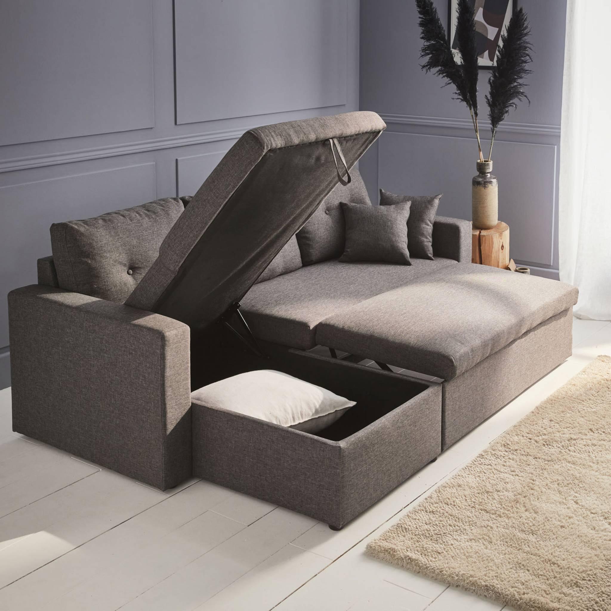 Canapé d'angle convertible en tissu gris chiné foncé - IDA - 3 places. fauteuil d'angle réversible coffre rangement lit modulable