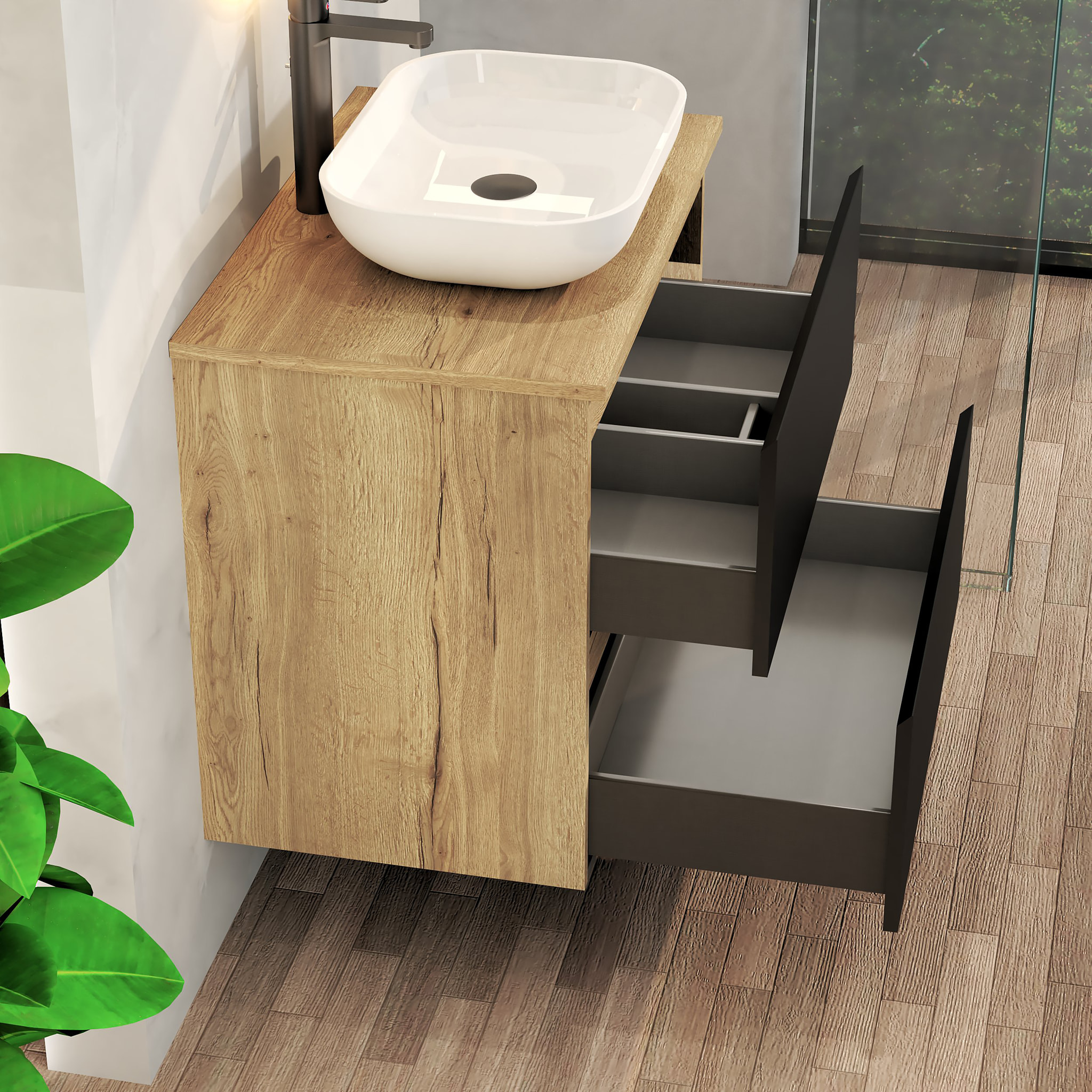 CONJUNTO DE BAÑO NIA | MUEBLE SUSPENDIDO | 70 CM NEGRO | DOS CAJONES | LAVABO SOBREPUESTO | NO INCLUYE ESPEJO | MUEBLE MONTADO| ALDAY