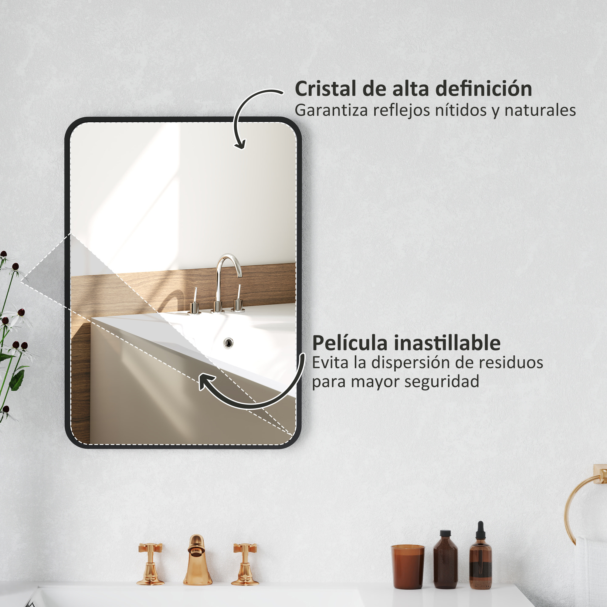 Espejo de Baño 50x70 cm Espejo Rectangular Espejo de Pared con Marco de Metal Vertical u Horizontal para Recibidor Sala de Estar Negro