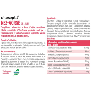 OLIOSEPTIL® - Nez-Gorge - Complexe de 7 huiles essentielles pures en gélules végétales L-Vcaps® - Dès 15 Ans - Participe au bon fonctionnement du système respiratoire - Lot de 2 produits