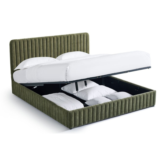 Lit coffre adulte avec tête de lit capitonnée en tissu chenille - ALTO