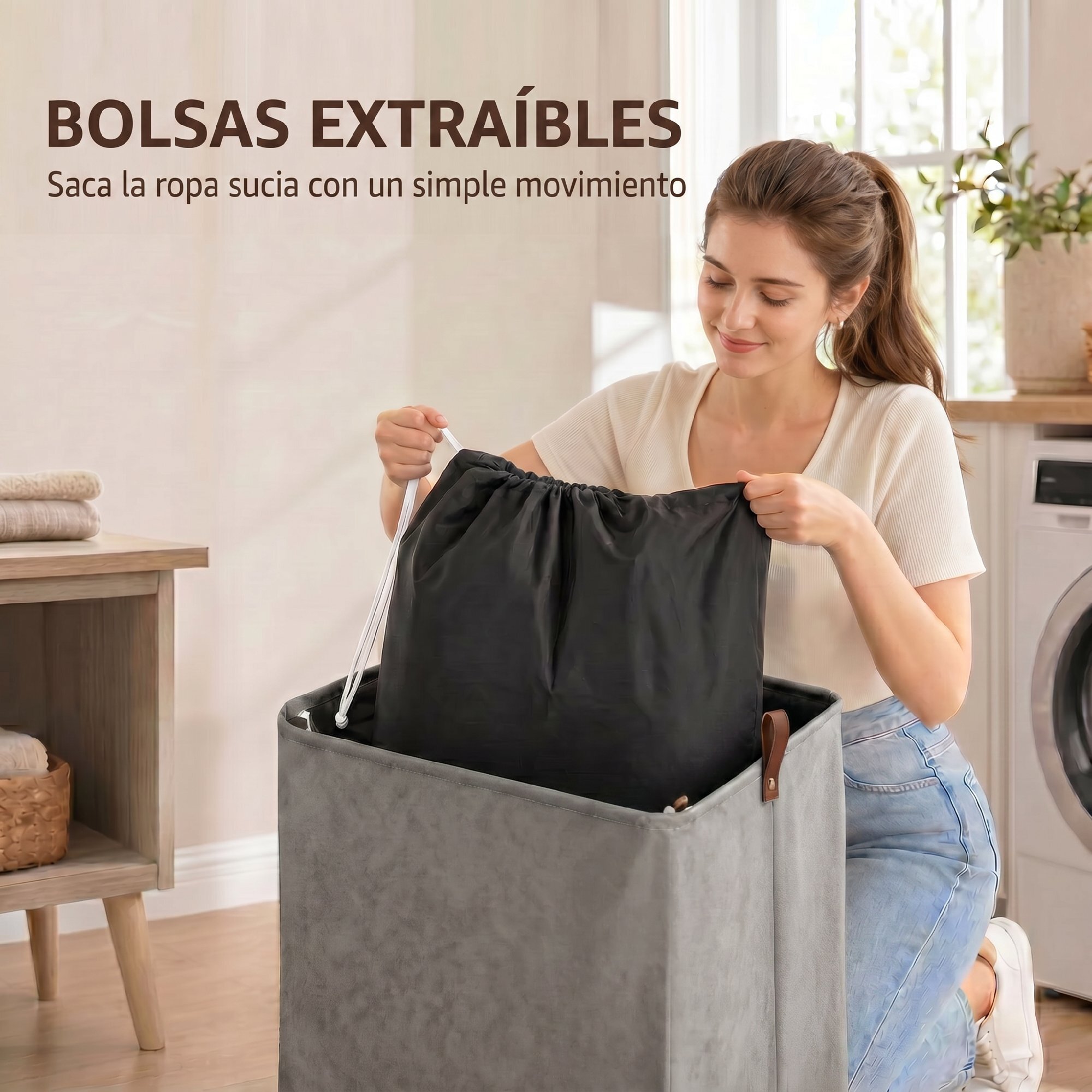 Cesto de Ropa Sucia con Tapa y Ruedas, 50L, Cesta de Ropa Sucia Plegable con Bolsa con Cordón Extraíble y Lavable, para Lavandería, Dormitorio, Baño, 40x30x65 cm, Gris