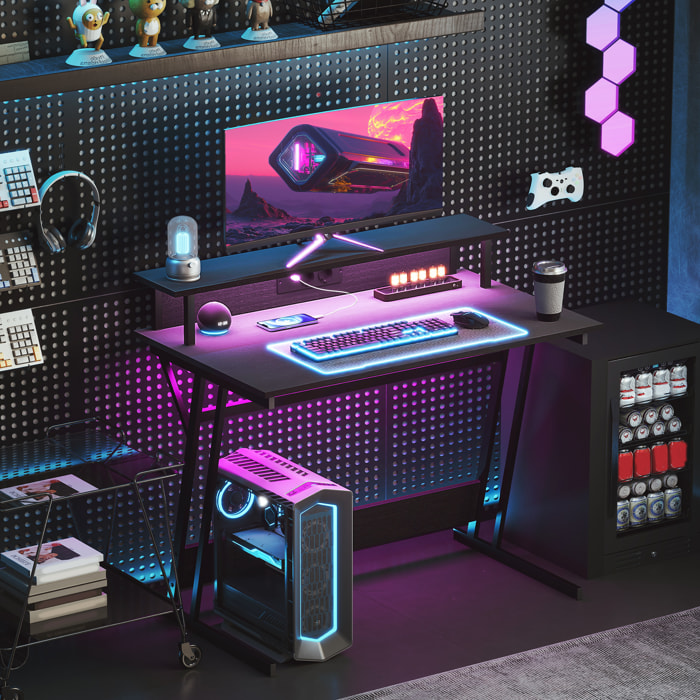 Mesa Gaming con Luces LED, 100x60 cm, Escritorio Gaming, Mesa Gamer con Tomas de Corriente, Soporte para Monitor, Estantes y Control Remoto, para Oficina, Estudio, Negro