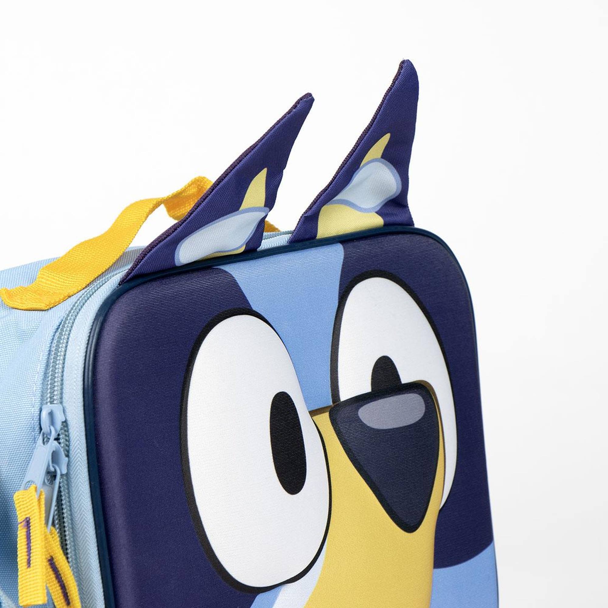 Portameriendas escolar de bluey - color azul - 23,5x19,5x10 cm - fabricado en poliéster y eva - mochila pequeña 3d con cierre de cremallera y asa reg