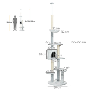 Árbol para Gatos de Suelo a Techo de 225-255 cm Torre para Gatos Ajustable en Altura con Cueva Plataformas Hamaca Postes Rascadores y Bolas Colgantes Ø60x225-255 cm Gris