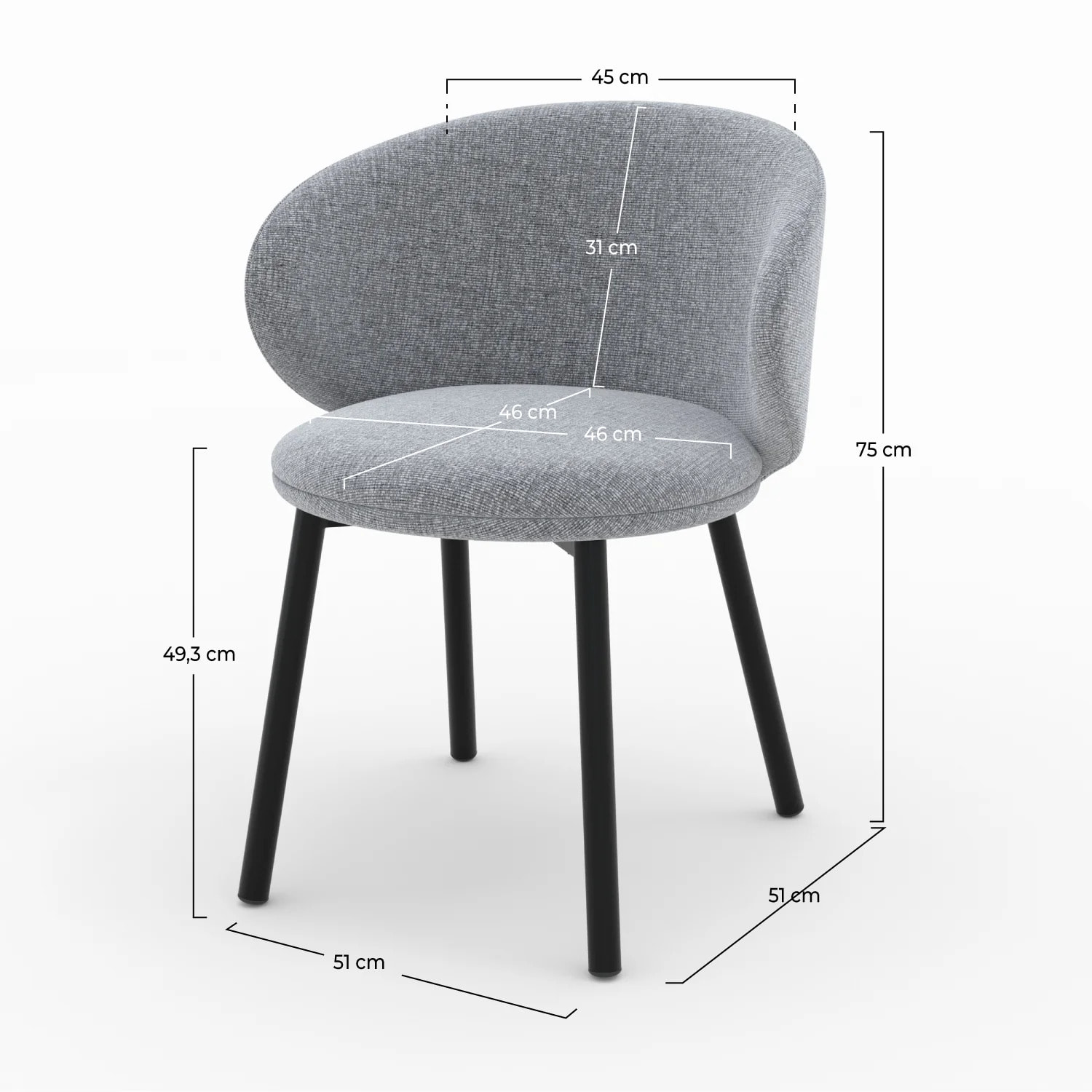 Lot de 2 chaises en tissu gris foncé chiné et pieds noirs - Cécilia