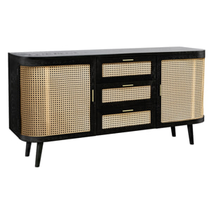 Buffet noir 2 portes 3 tiroirs en bois de manguier et cannage - Wendy