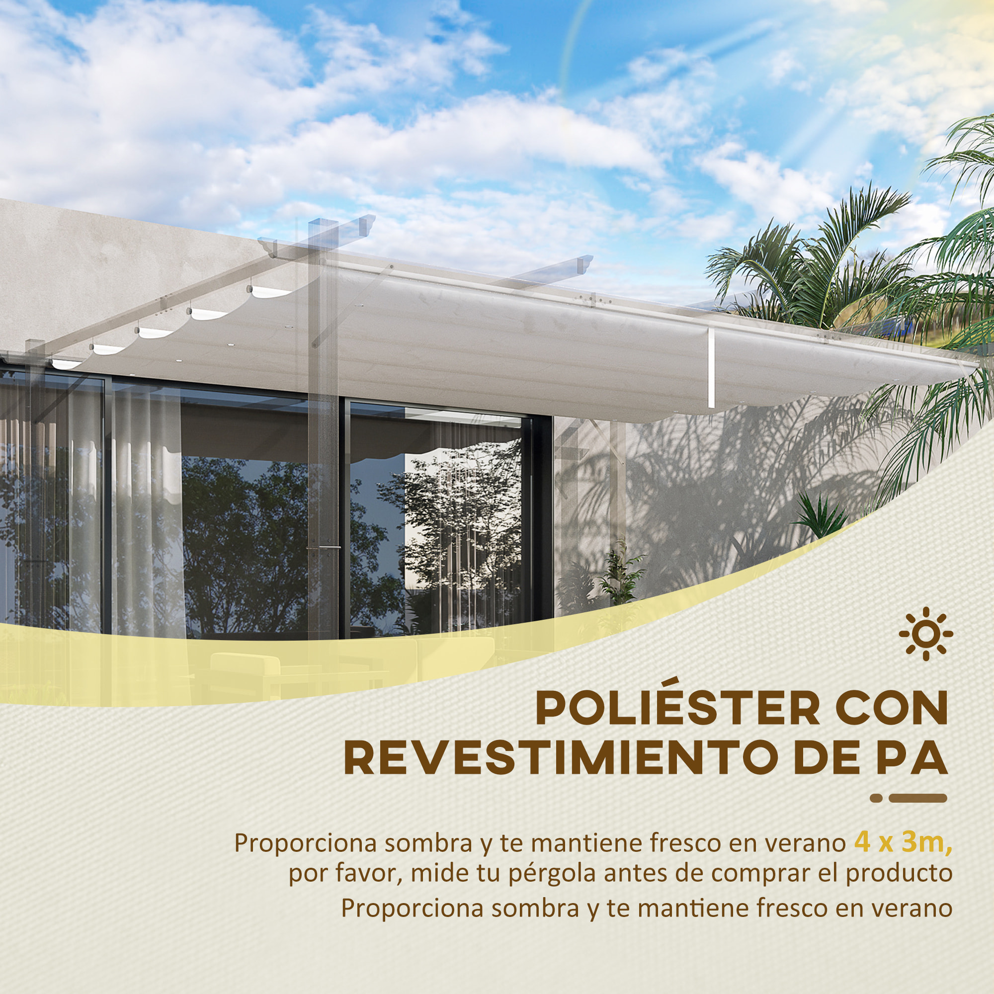 Cubierta para Pérgola Retráctil 3,5x2,5m Toldo con 10 Orificios de Drenaje Crema