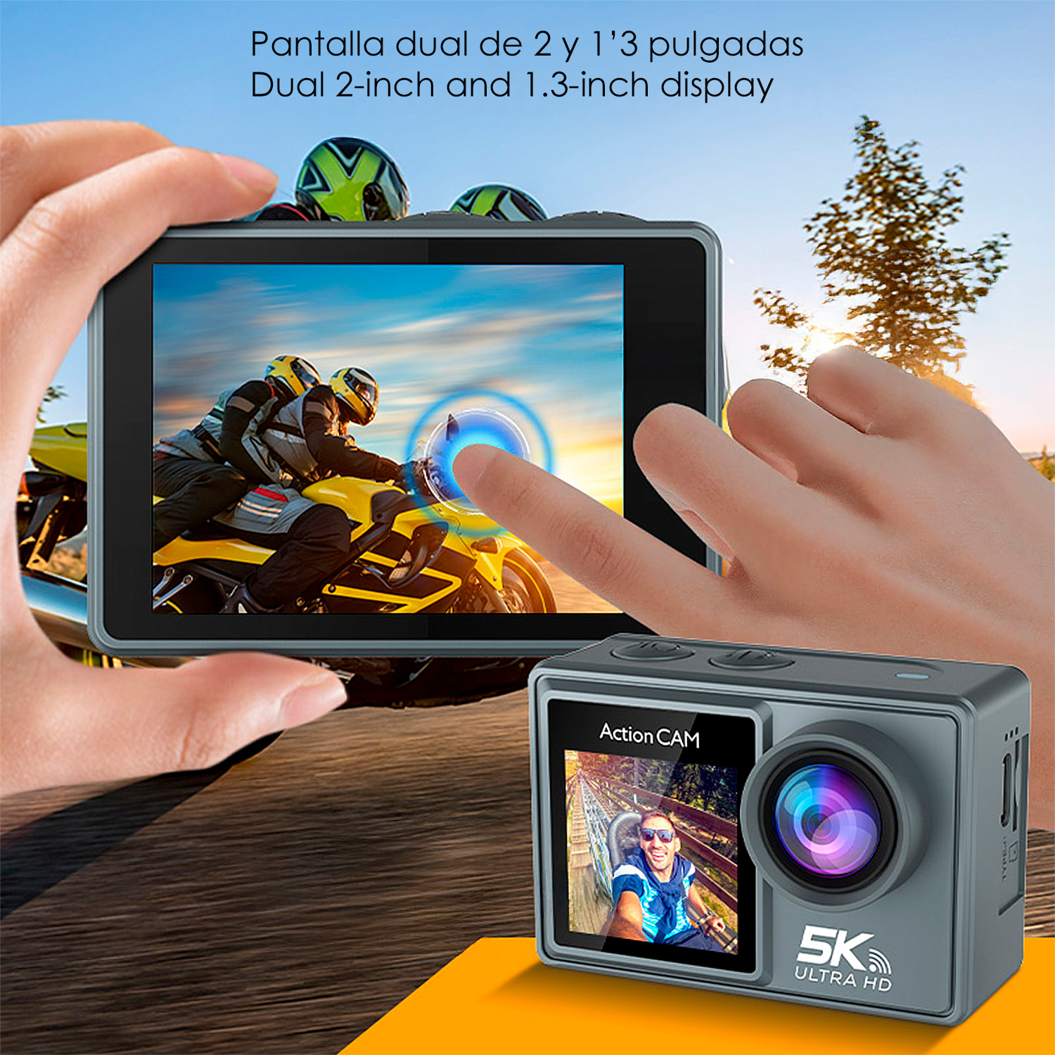Cámara Deportiva M40 TRW 5k 30 fps con 47,5 mpx, doble pantalla de 2" y 1.3", estabilizador de imagen, multitud de accesorios, micrófono inalámbrico y WIFI.
