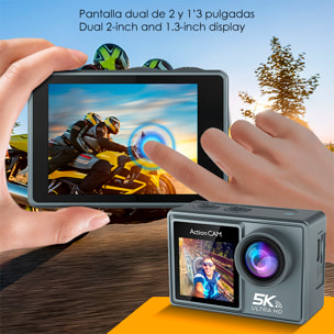 Cámara Deportiva M40 TRW 5k 30 fps con 47,5 mpx, doble pantalla de 2" y 1.3", estabilizador de imagen, multitud de accesorios, micrófono inalámbrico y WIFI.