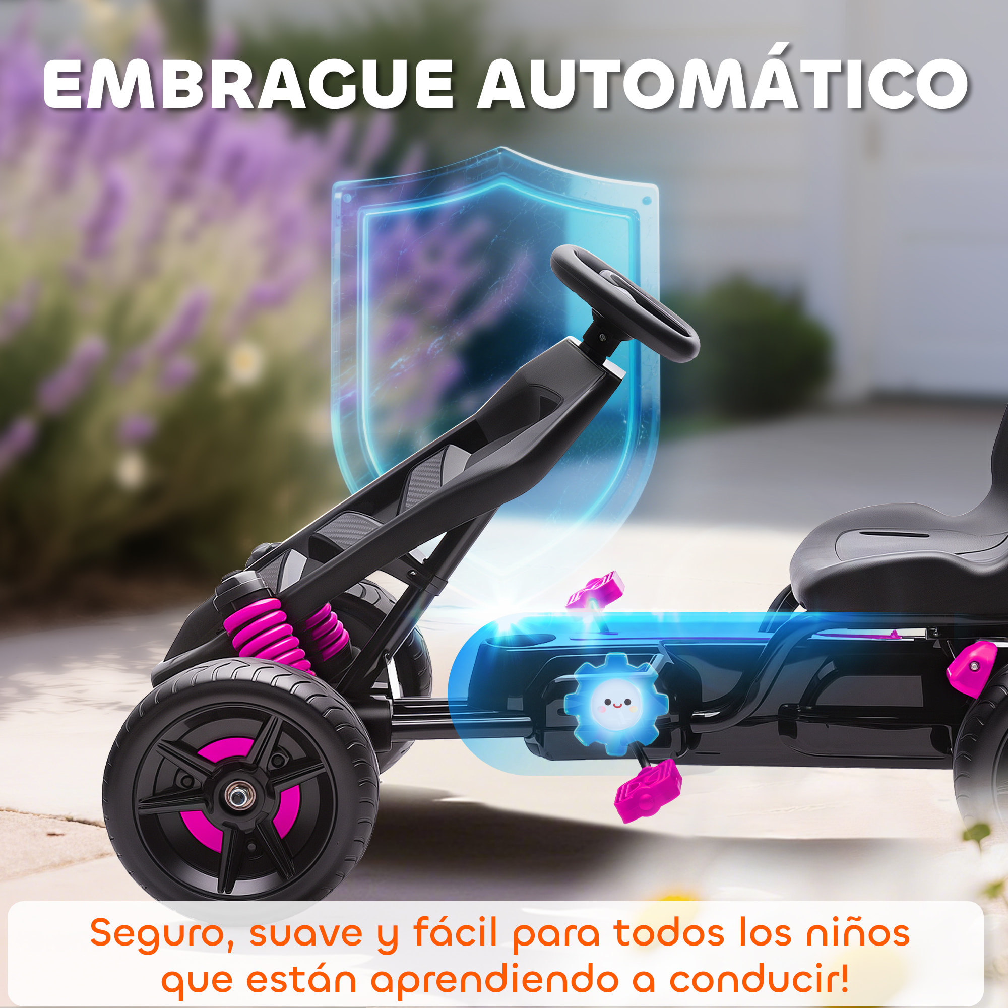 AIYAPLAY Kart Pedales para Niños de 3-6 Años Go Kart con Embrague Automático Freno Ruedas Antideslizantes de EVA y Marco Metálico Carga 50 kg Rosa