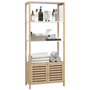 Estantería de Baño de Bambú con 3 Estantes Abiertos Estantería de Almacenaje con Puertas de Lamas 63x30x138 cm Natural y Blanco