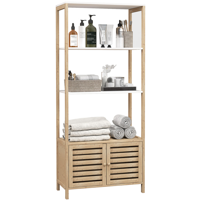 Estantería de Baño de Bambú con 3 Estantes Abiertos Estantería de Almacenaje con Puertas de Lamas 63x30x138 cm Natural y Blanco