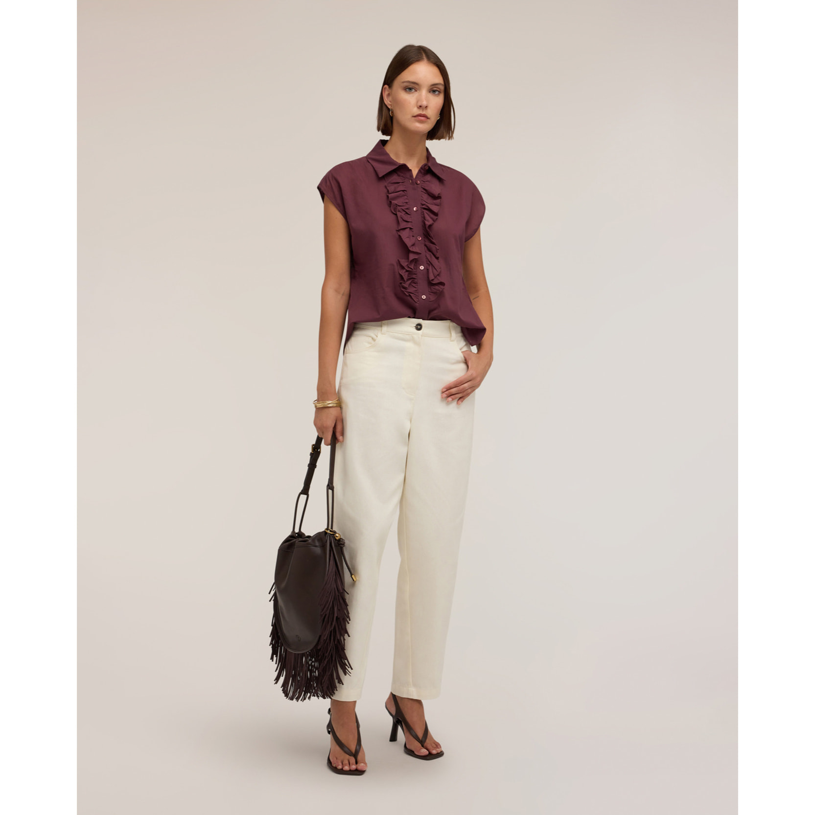 Motivi - Camicia in voile di cotone con volant - Bordeaux