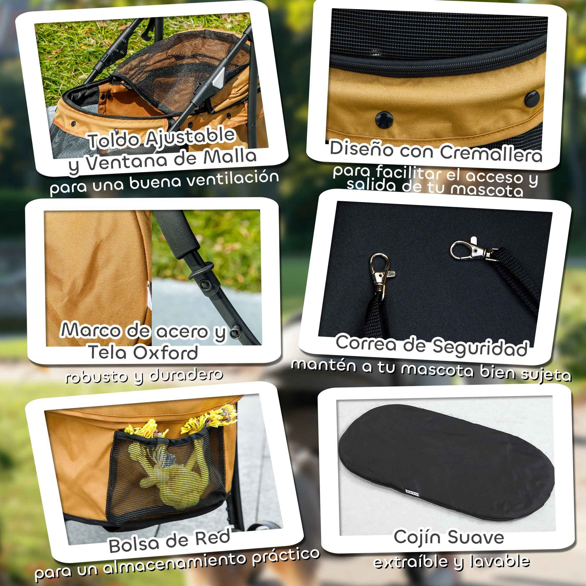 PawHut Carrito para Perros Plegable Cochecito para Mascotas Cochecito para Perros Pequeños con Ventanas de Malla Cojín Lavable Correas de Seguridad y Marco de Acero Café