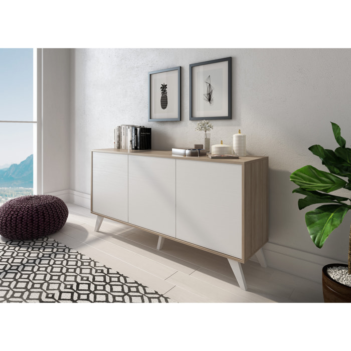 Credenza Moderna Madia 3 Ante Senza Maniglie Design Minimal Con Piedini RialzatiPer Soggiorno Ingresso Corridoio 154 x 72 x 40 Cm Bianco e Rovere