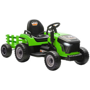 Tractor Eléctrico para Niños con Remolque Desmontable, Tractor de Juguete de Batería 12V, Velocidad 3-5 km/h, Control Remoto 2,4G, Música, Bocina, para Niños de 3-8 Años, Verde