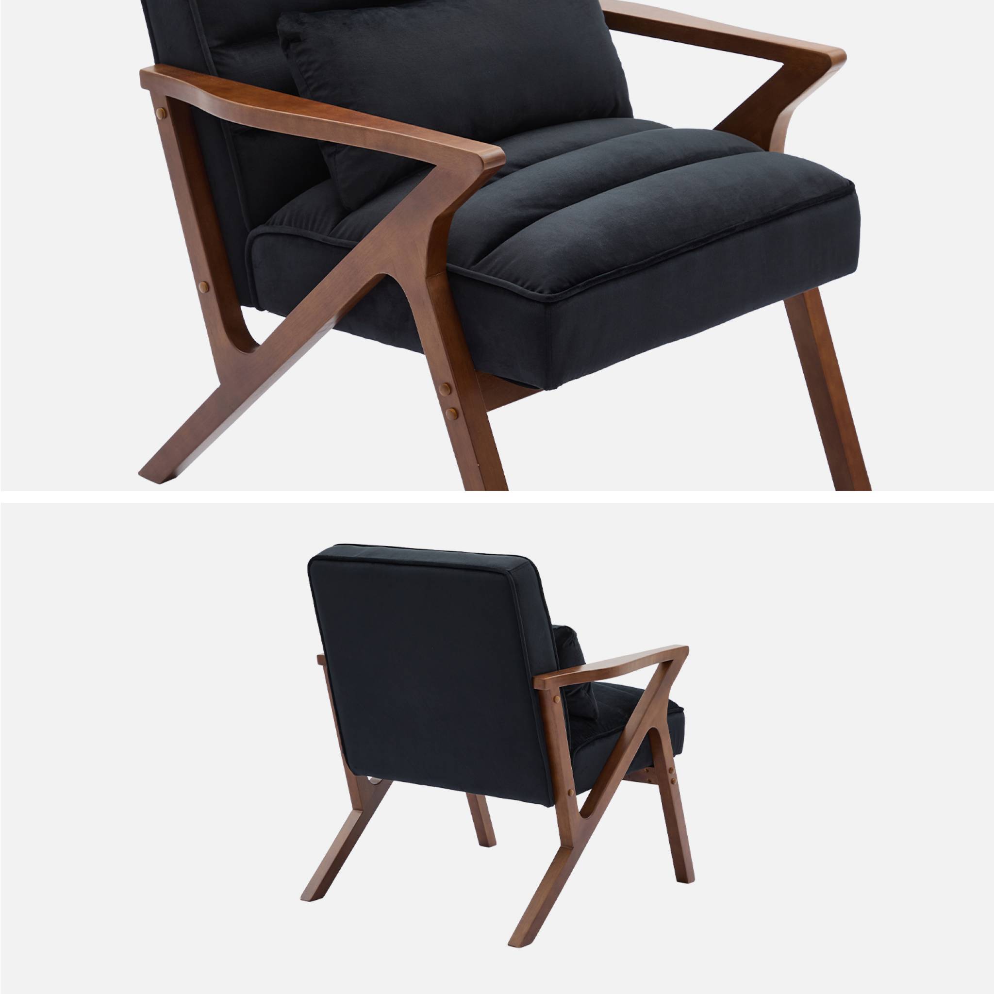 Fauteuil scandinave bois d'hévéa et velours noir