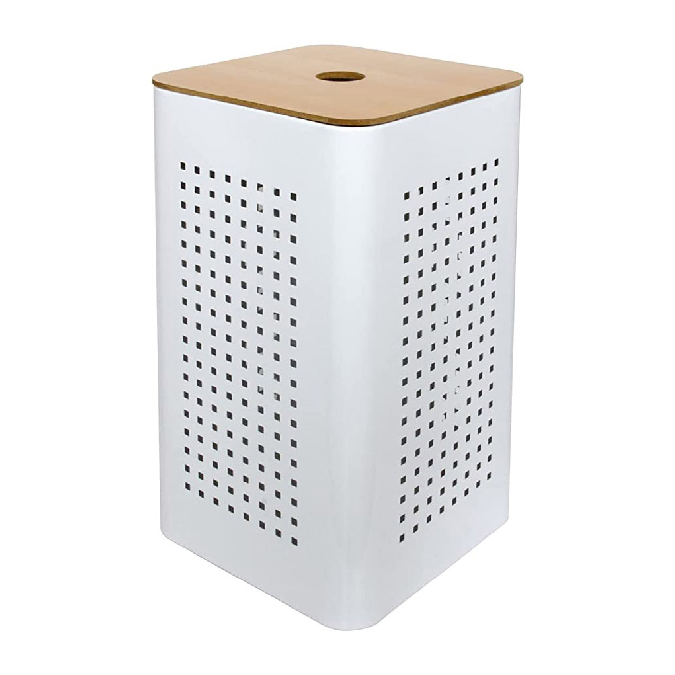 Panier à linge en métal blanc avec couvercle bois - Blanc