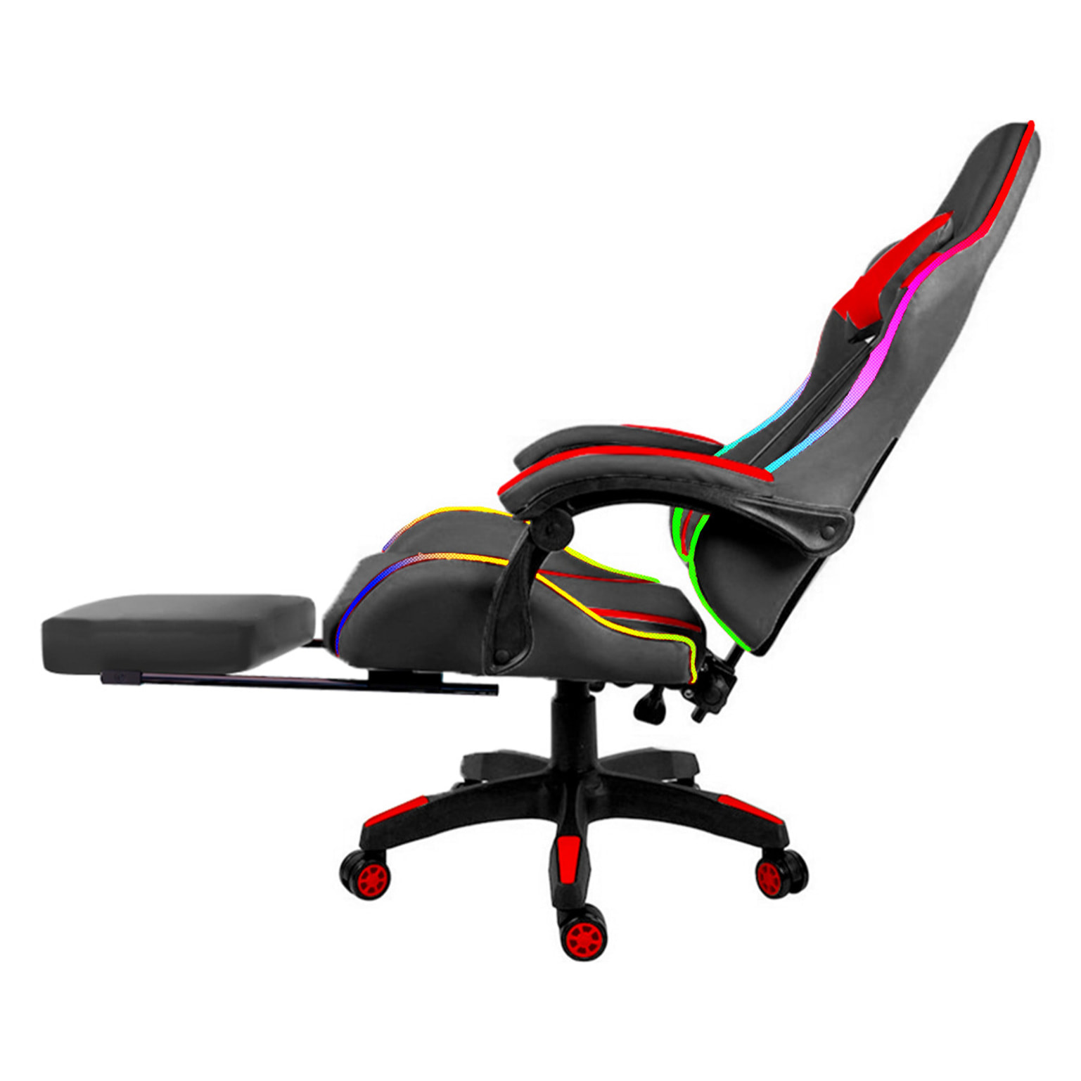Sedia Gaming Con LED RGB Telecomando Poltrona Ufficio Scrivania Casa PC Racing Girevole Ergonomica Ecopelle Cuscino Lombare Poggiapiedi Nero Rosso
