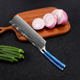 Set di coltelli da chef con 6 pezzi in stile Damasco con design elegante e manico ergonomico con estremità in acciaio.
