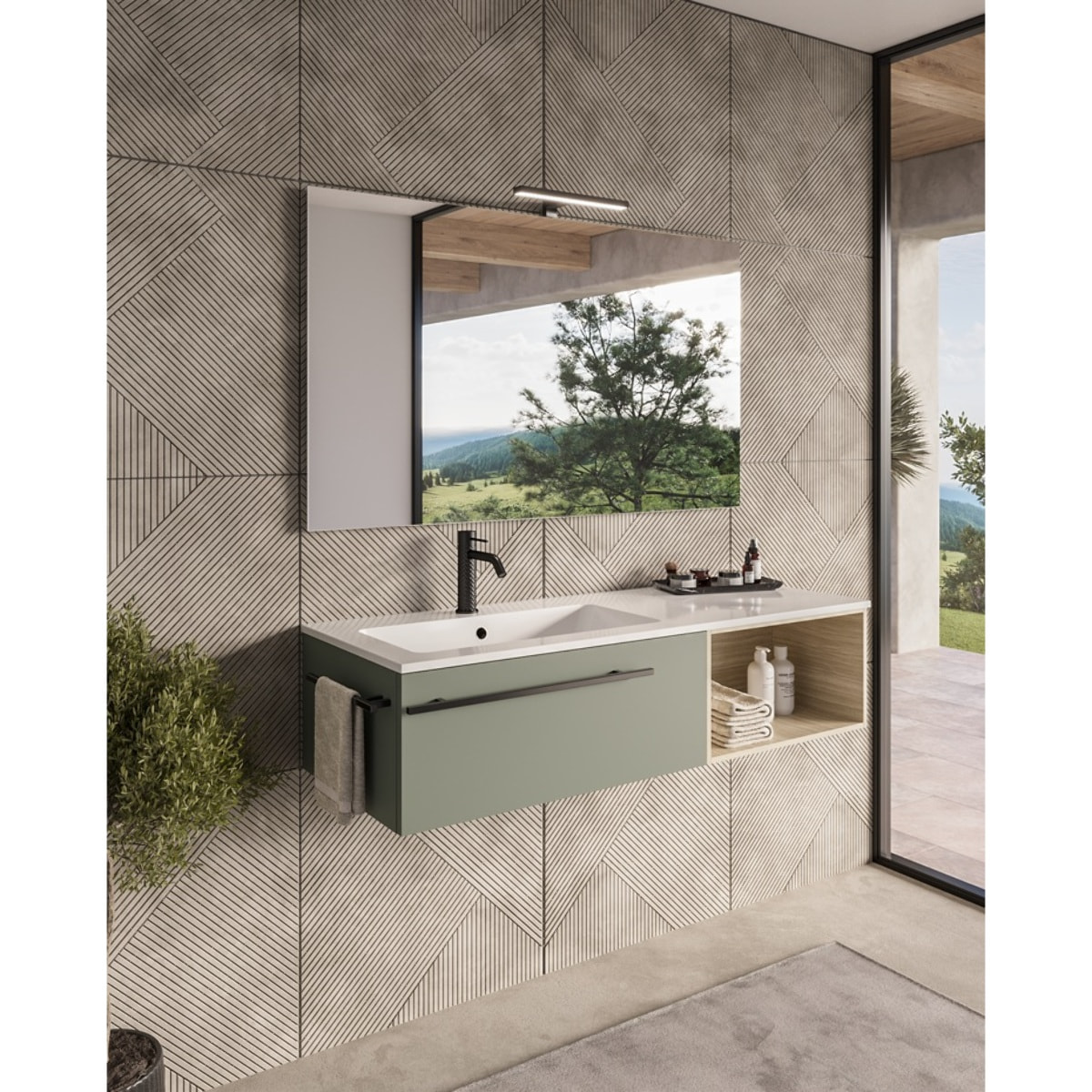 MOBILE DA BAGNO RIFLESSO 120 VERDE SALVIA E ROVERE NATURALE - 6 PEZZI