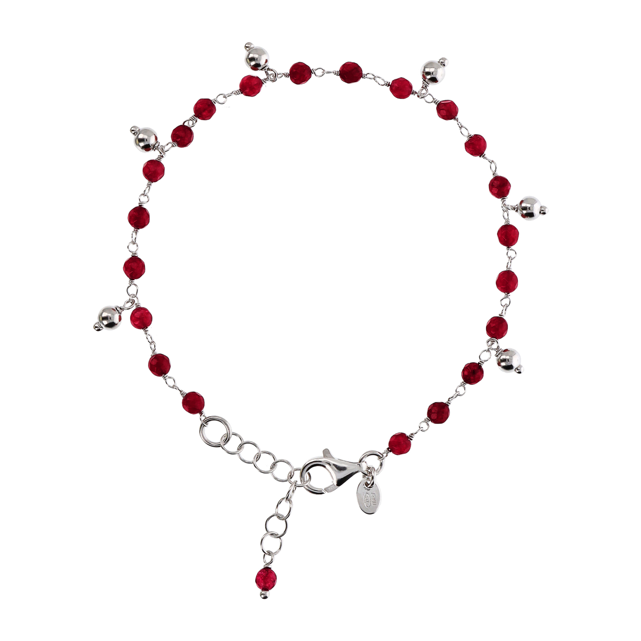 Bracciale Rosario con Quarzite Rossa e Ciondoli Argentati in Argento 925 placcato Rodio