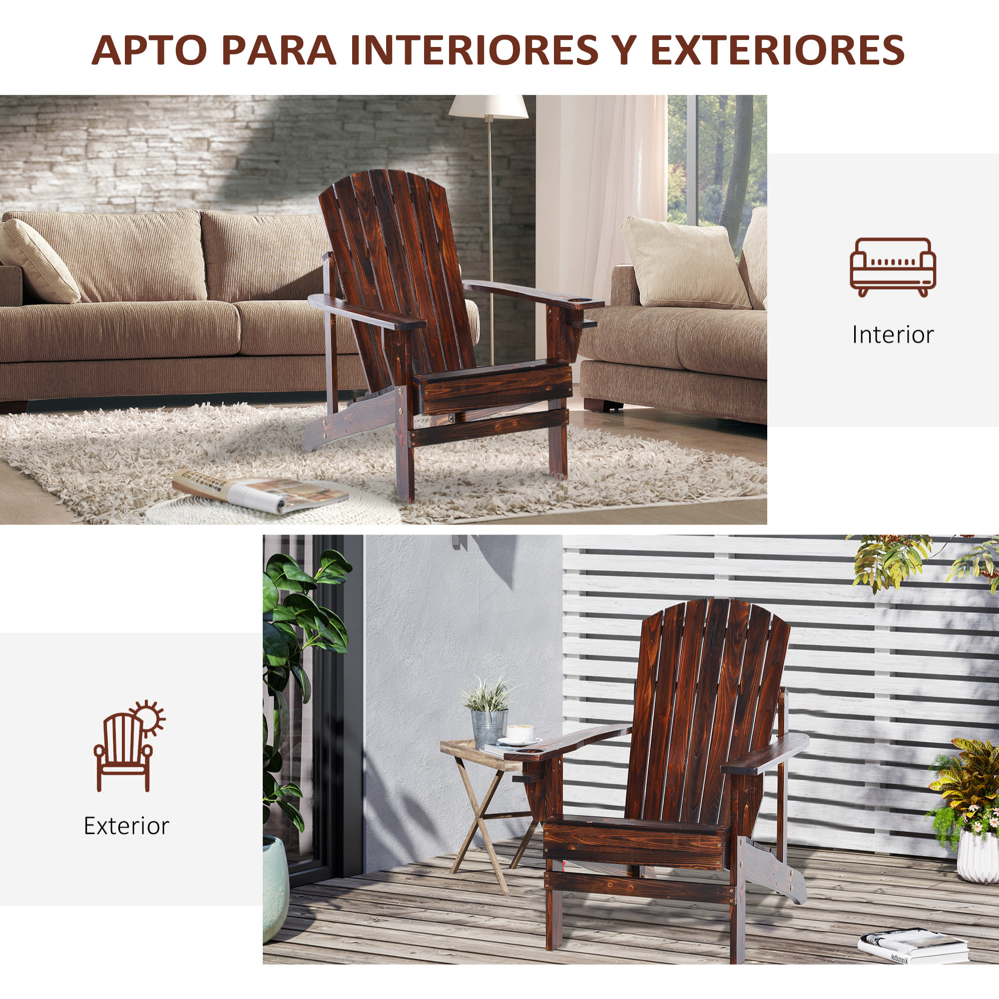 Silla Adirondack de Madera Silla de Jardín con Reposabrazos y Respaldo Alto para Terraza Balcón Exterior 72,5x97x93 cm Marrón