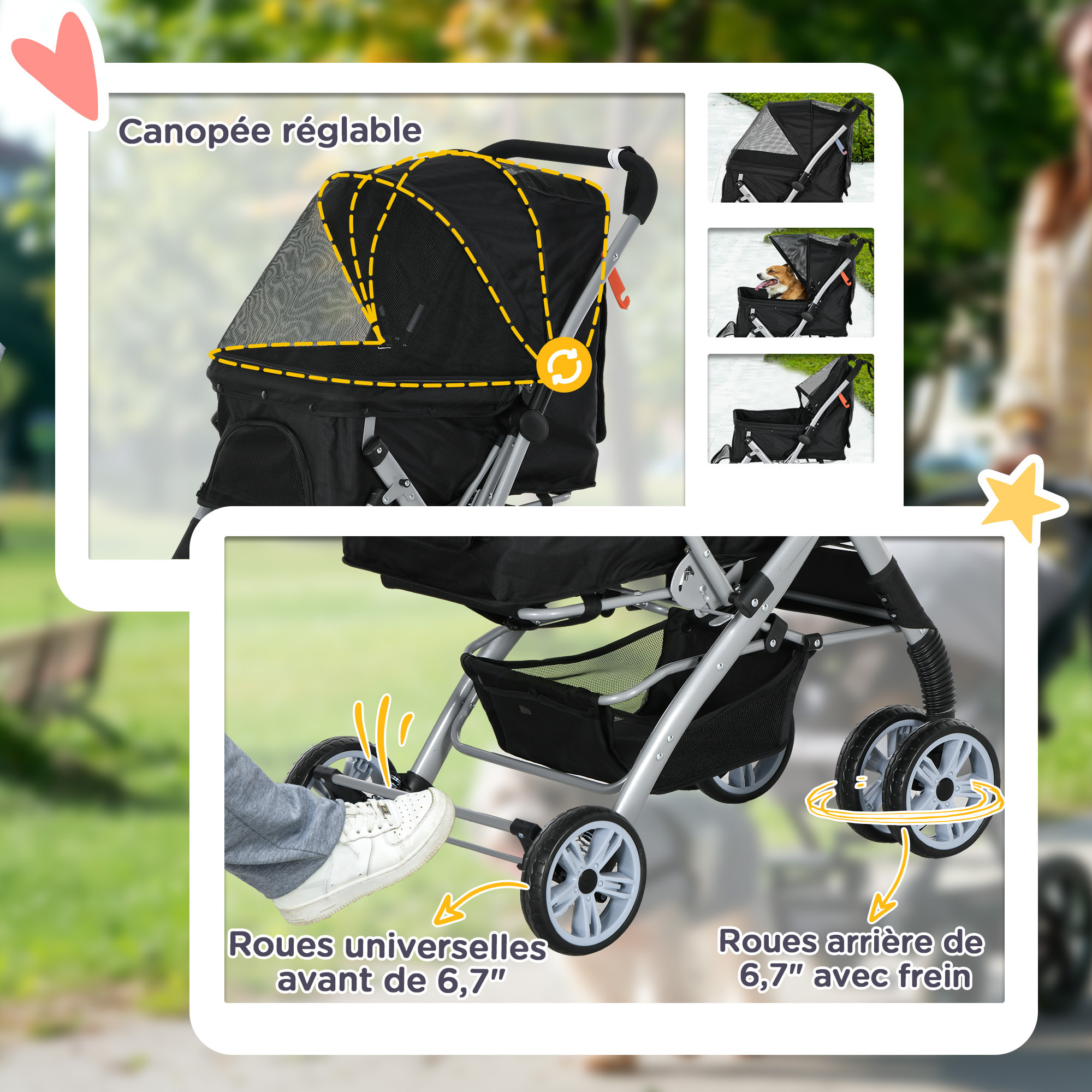 Poussette buggy pliable chien chat panier et sac de rangement attaches sécurité housse réglable poignée réversible acier Oxford noir