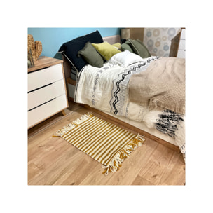 Tapis 60 x 80 cm tissu texturé petits pompons avec franges bicolores - MARINE