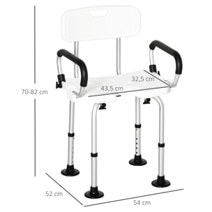 HOMCOM Silla para Ducha de Aleación de Aluminio Taburete de Baño Antideslizante con Altura Ajustable de 6 Niveles y Reposabrazos Regulable para Mayores 54x52x70-82 cm Blanco