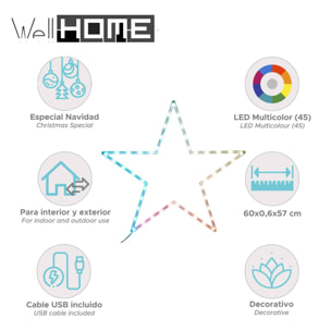 iluminación navideña estrella con 45 luces led rgb con controlador 60x0,6x57cm