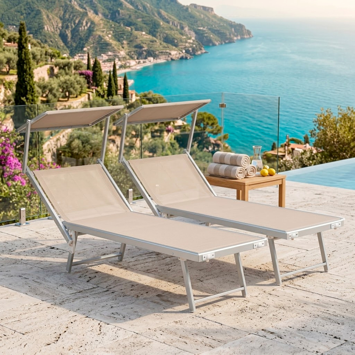 Coppia Di Lettini Prendisole Pieghevole Professionale in Alluminio e Tessuto Textilene Tettuccio Parasole Sdraio Mare Spiaggia 182x60x38 cm Beige