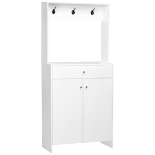 Mueble Zapatero con Perchero Armario de Zapatos con 3 Ganchos Cajón 2 Puertas y Estantes Ajustables para 12 Pares de Zapatos para Pasillo Entrada 80x32x180 cm Blanco