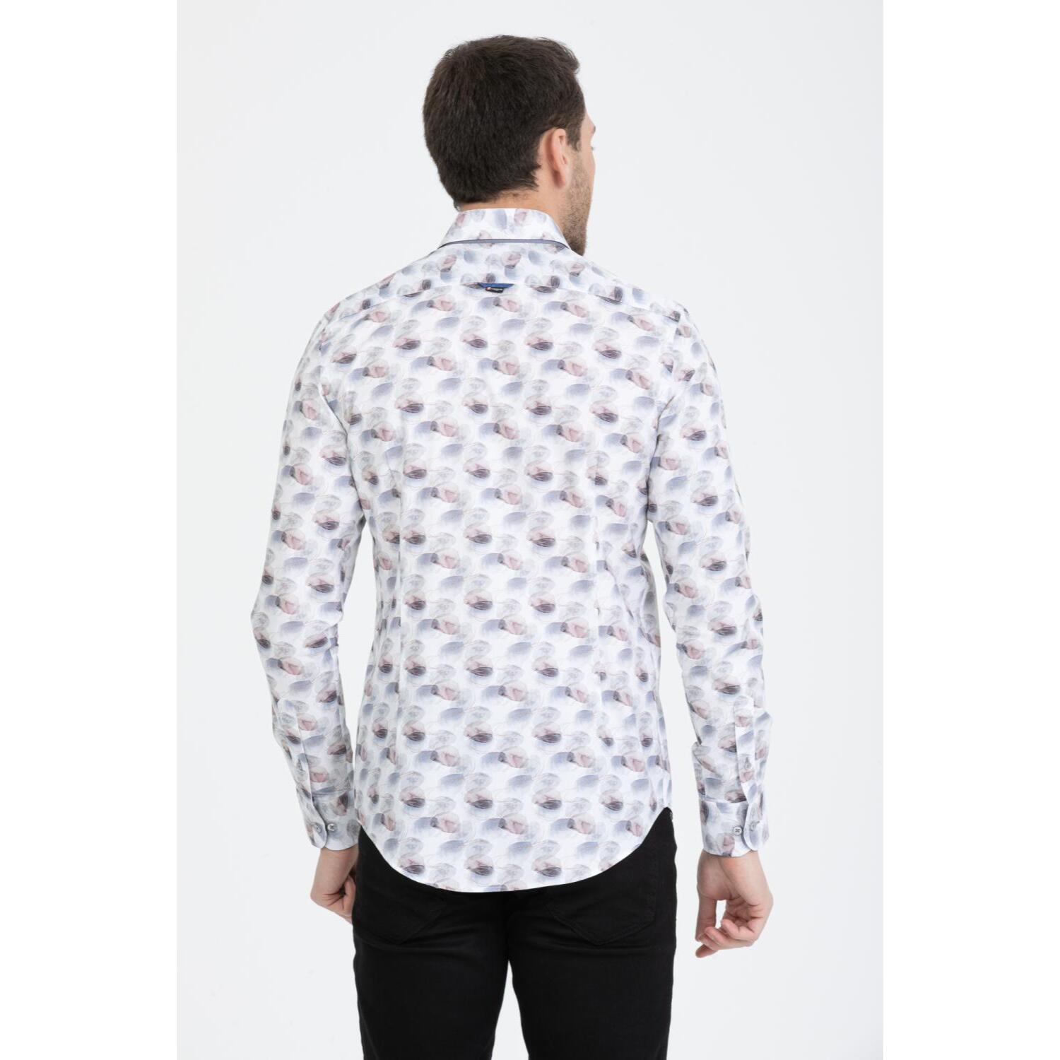 Camicia Uomo 1 Bottoni Button Down Slim Popeline Stampato Bianco/Grigio Chiaro