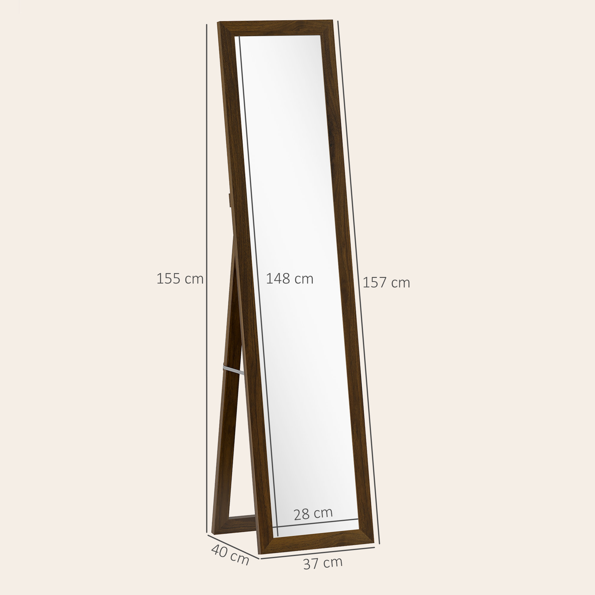 Espejo de Pie Cuerpo Entero 157x37 cm, Espejo de Cuerpo Entero con Soporte, 3 Formas de Uso, Independiente, Montaje Pared y Apoyado, para Salón, Entrada, Dormitorio