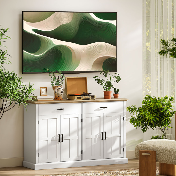 Buffet style rural chic - 4 portes 2 étagères 2 tiroirs - ports USB et multiprise intégrés - blanc effet bois chêne clair