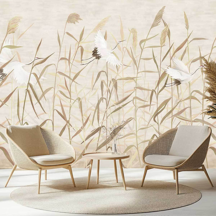 Papier peint graminées et grues ambiance zen naturelle Intissé
