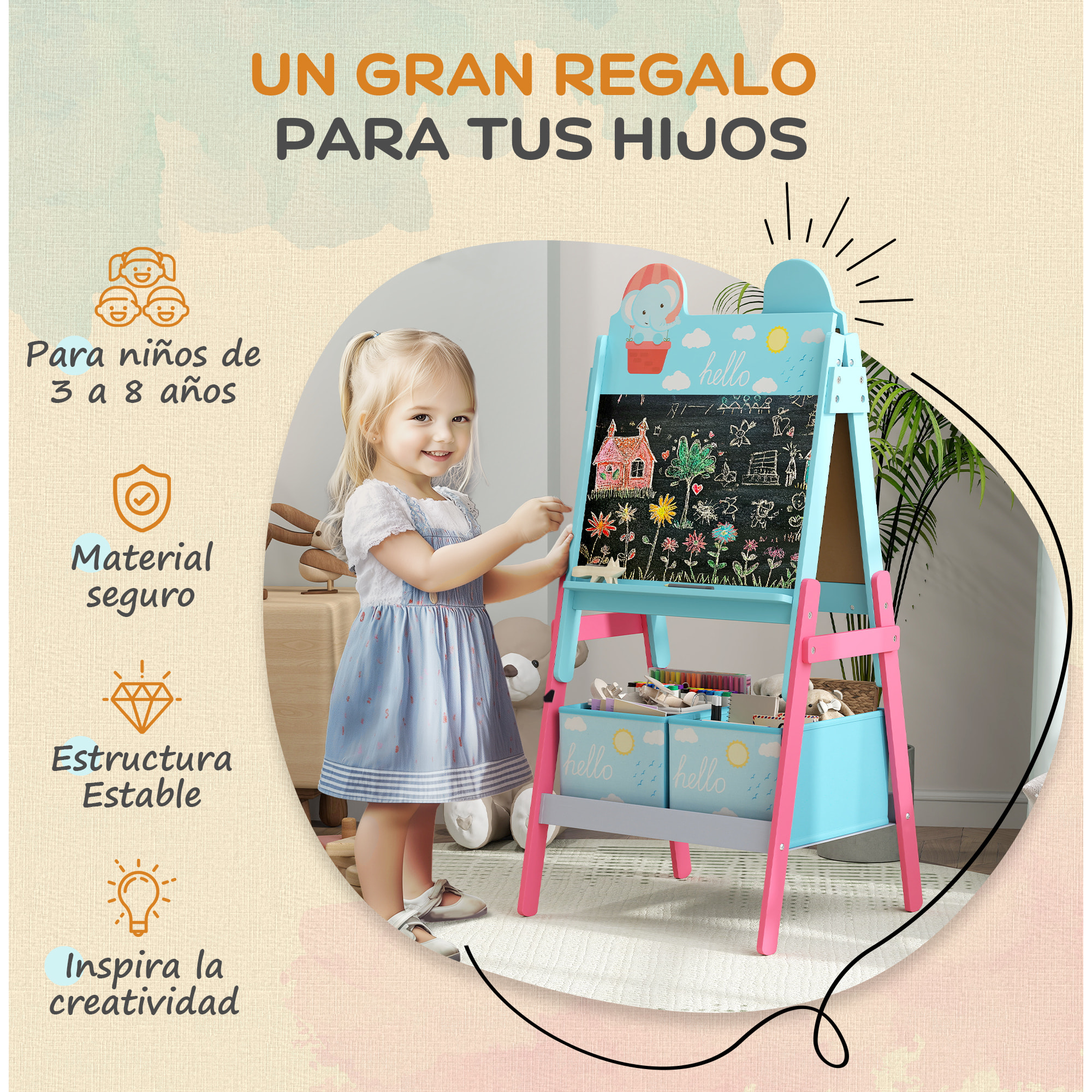 Pizarra Infantil Caballete 2 en 1 Pizarra Infantil de Doble Cara con 2 Cajas de Tela Caballete de Pintura para Niños con Estampado de Animales 53,5x49x113 cm Azul